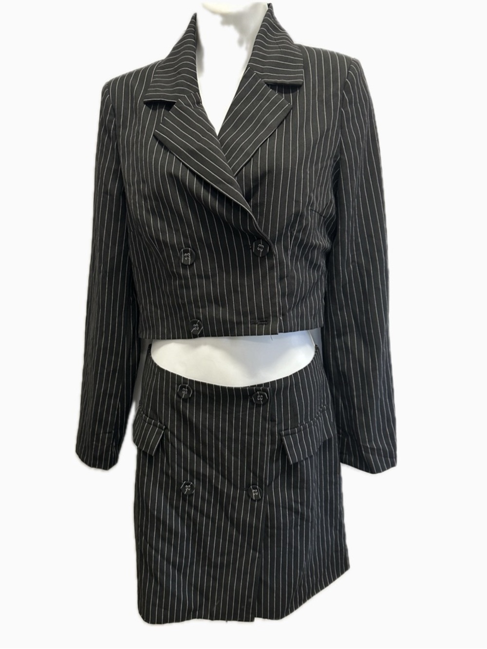 Pinstripe Cropped Blazer & Skirt Set - Black